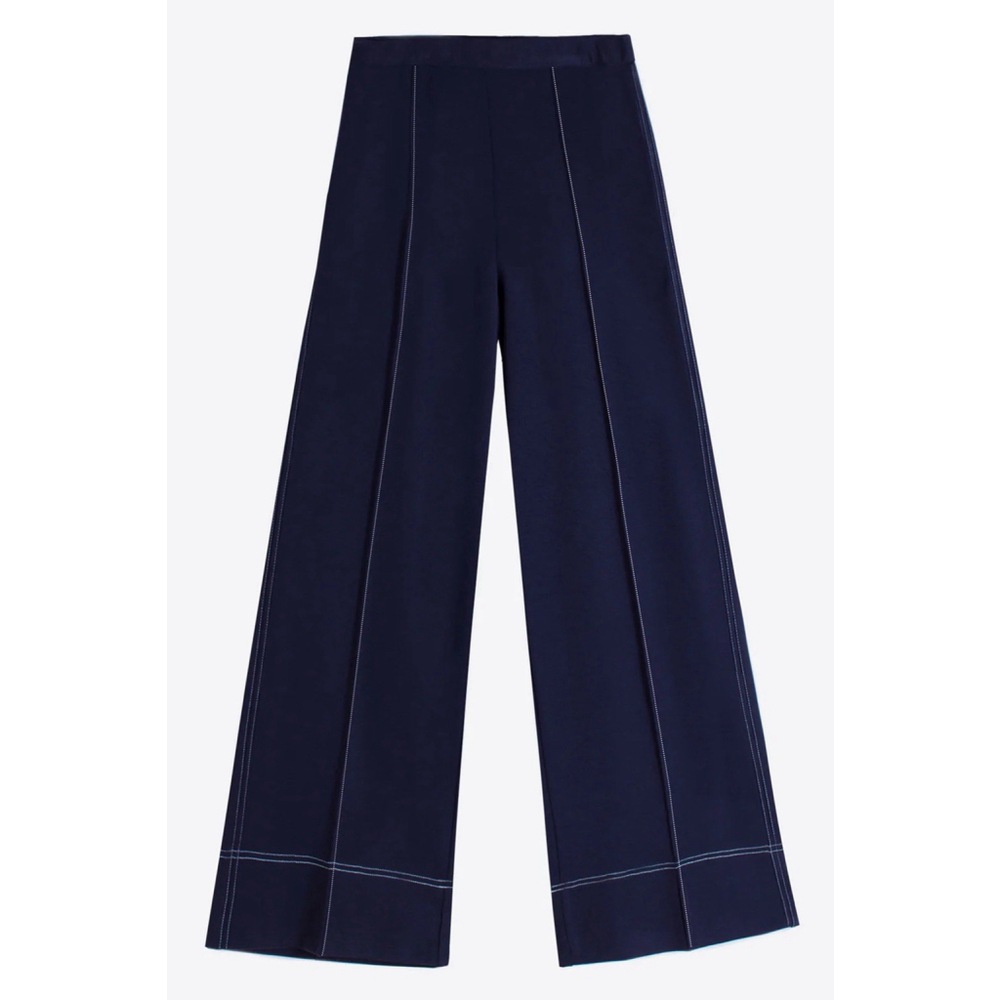 Vilagallo Bettina Wide Leg Crop Trousers Contrast Stitch Seamed Navy 48/US 14 XL
